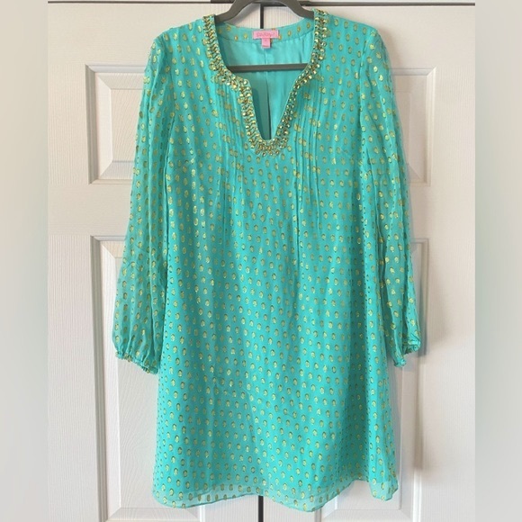 lilly pulitzer colby silk tunic dress LILLY PULITZER Colby Silk Long Sleeve Tunic Dress Pink Gold 2